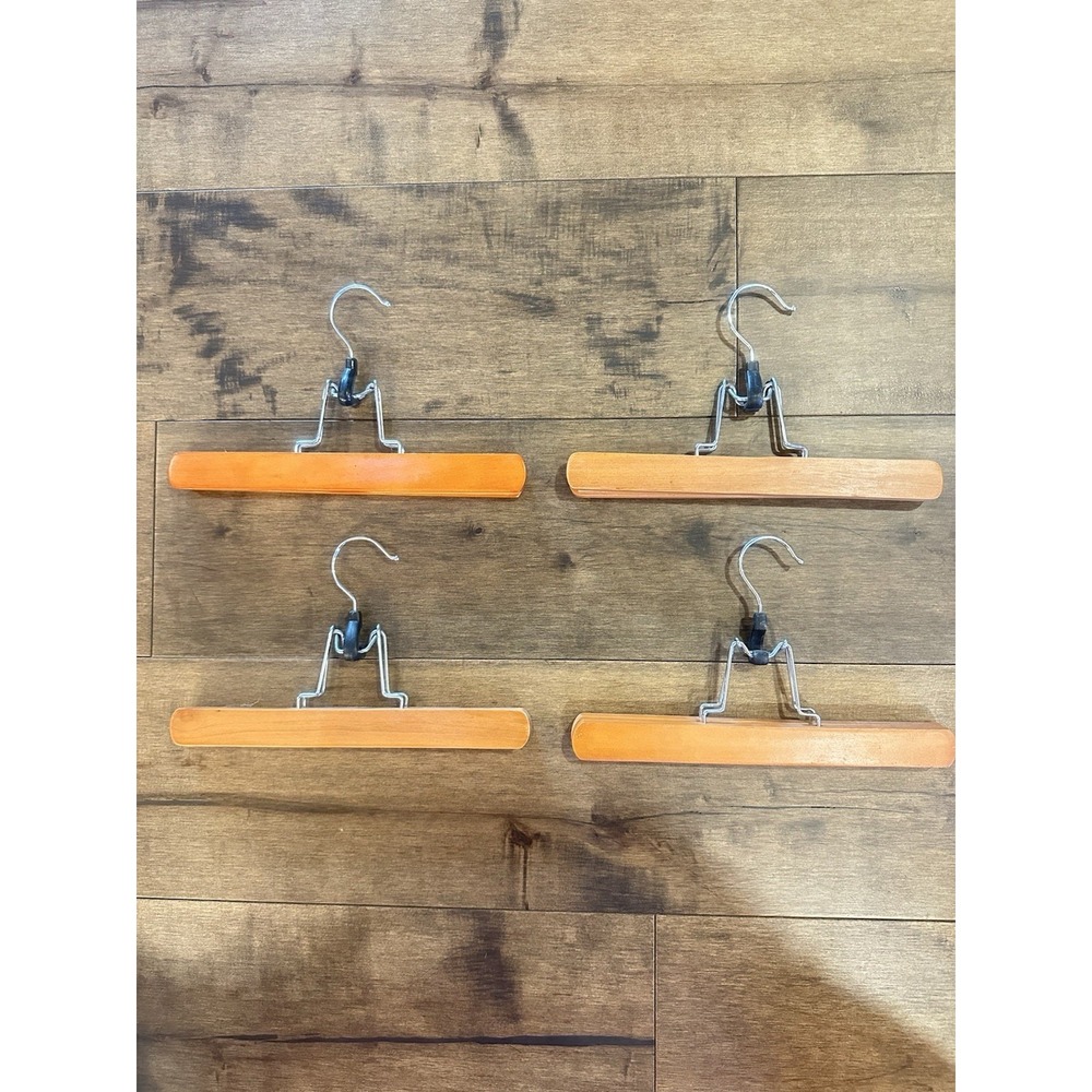 Vintage Wooden Pants Skirt Hangers Set of (4) 11" Wood Clamp Felt Lined Retro